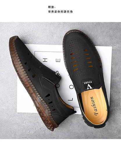 Leather Men's Shoes Thick Soles Breathable Hollow Out Casual Shoes Outdoor Men's Sports Shoes Loafers Shoes Slip On - World Bazaar Life