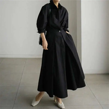 LANMREM Women's Clothing Long Dress Turn Down Collar With Button Pockets Loose Casual Dresses Female Streetwear Fashion 2C2019-World Bazaar Life
