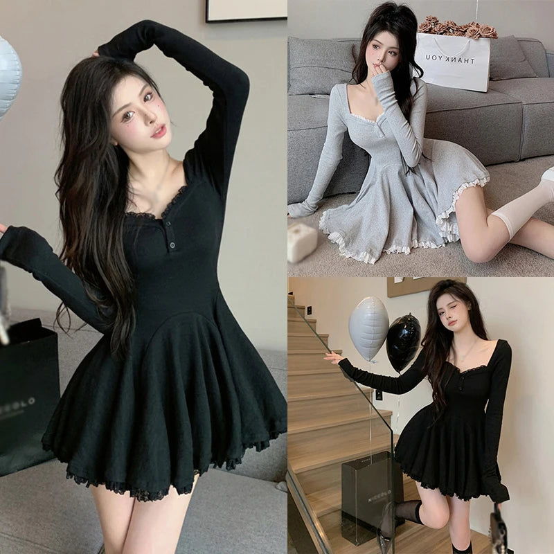 Women Sexy Korean Dress French Style Waist Closed Long Sleeve Collarbone Exposed Sweet-World Bazaar Life