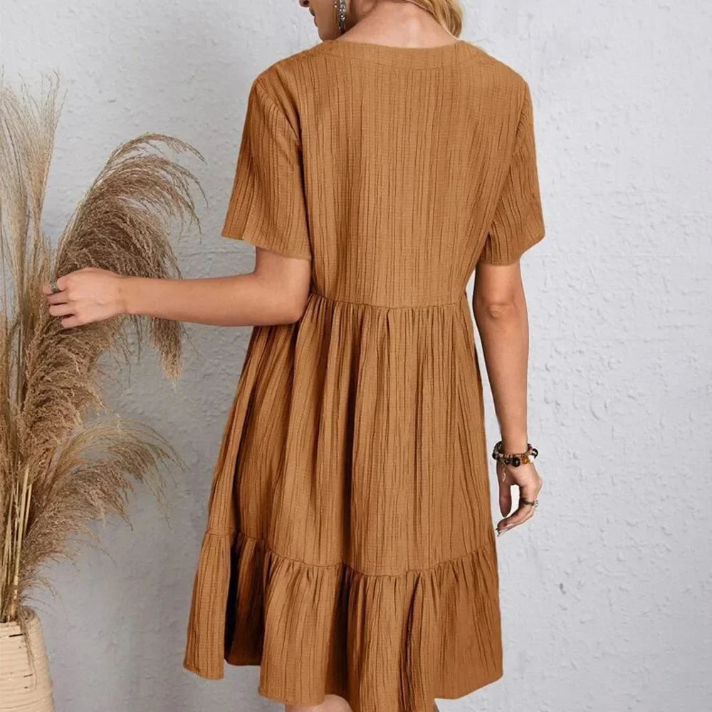 Women Summer Peplum Dresses Spring V-Neck Short Sleeve Loose Waist Ruffle Fit Flare Vocation Dresses-World Bazaar Life
