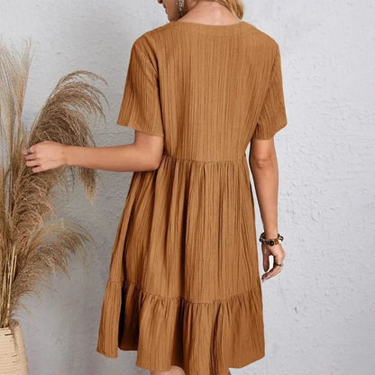 Women Summer Peplum Dresses Spring V-Neck Short Sleeve Loose Waist Ruffle Fit Flare Vocation Dresses-World Bazaar Life