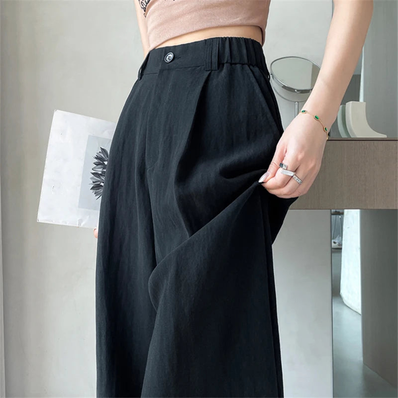 Cotton and Linen Women's Wide Leg Full Pants High Waist Summer Female Elegant Minimalism Straight Loose Trousers 2024 Autumn - World Bazaar Life