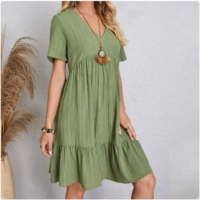 Women Summer Peplum Dresses Spring V-Neck Short Sleeve Loose Waist Ruffle Fit Flare Vocation Dresses-World Bazaar Life