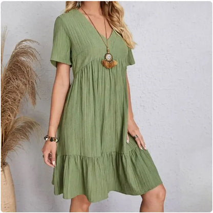 Women Summer Peplum Dresses Spring V-Neck Short Sleeve Loose Waist Ruffle Fit Flare Vocation Dresses-World Bazaar Life