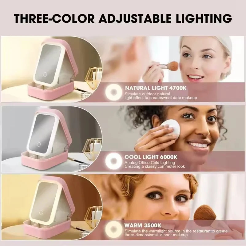 Rechargeable LED Makeup Mirror, Portable Travel Cosmetic Storage Box, Travel Makeup Case with 3-Color Adjustable Light Mirror.-World Bazaar Life