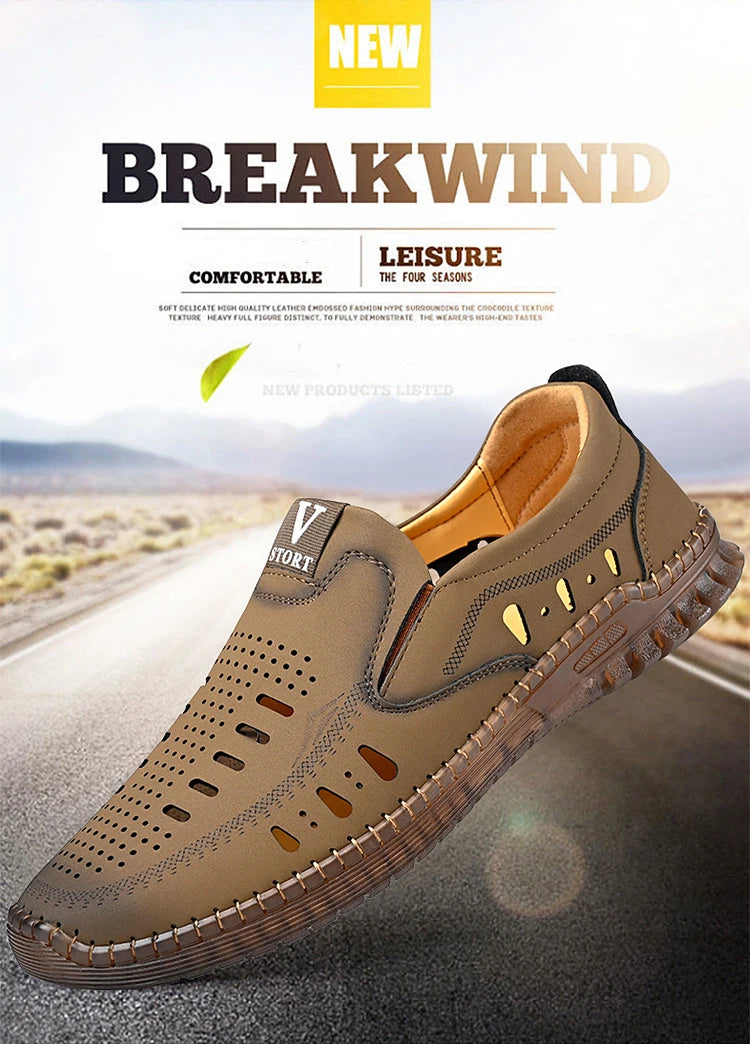 Leather Men's Shoes Thick Soles Breathable Hollow Out Casual Shoes Outdoor Men's Sports Shoes Loafers Shoes Slip On - World Bazaar Life