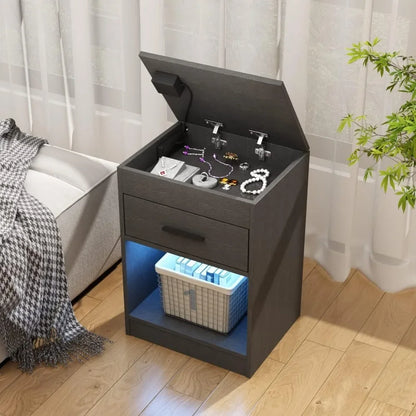 LED Nightstand with Charging Station & RFID Lock Cabinet