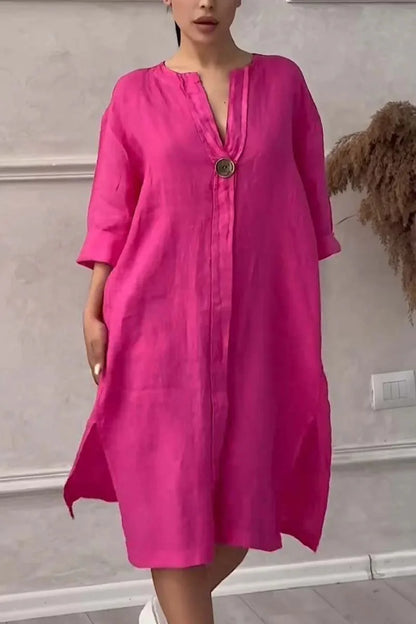 Loose V-neck Two Side Slit Pullover Dress 2024 Women's New Cotton And Linen Solid Color Casual Long-Sleeved Button Maxi Dress