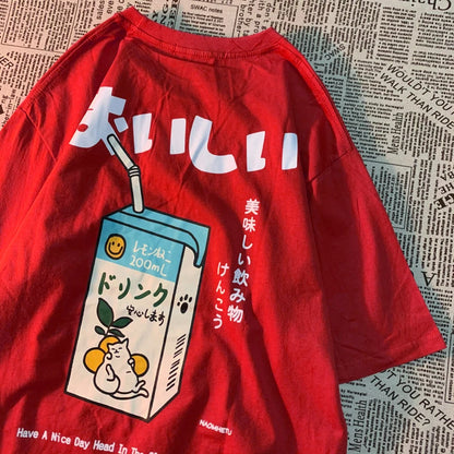 Cute Japanese Cat Print Oversized T-shirt men Women Short Sleeve Loose Casual Tee Shirt Streetwear Tops Cotton Harajuku Clothing-World Bazaar Life