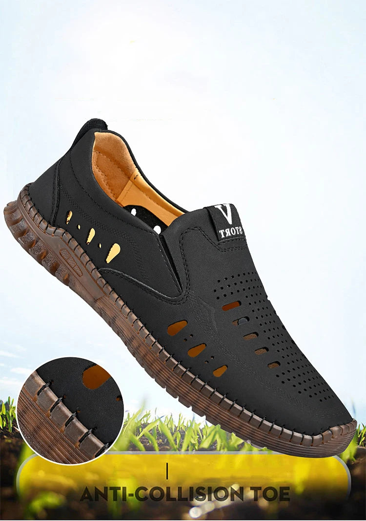 Leather Men's Shoes Thick Soles Breathable Hollow Out Casual Shoes Outdoor Men's Sports Shoes Loafers Shoes Slip On - World Bazaar Life