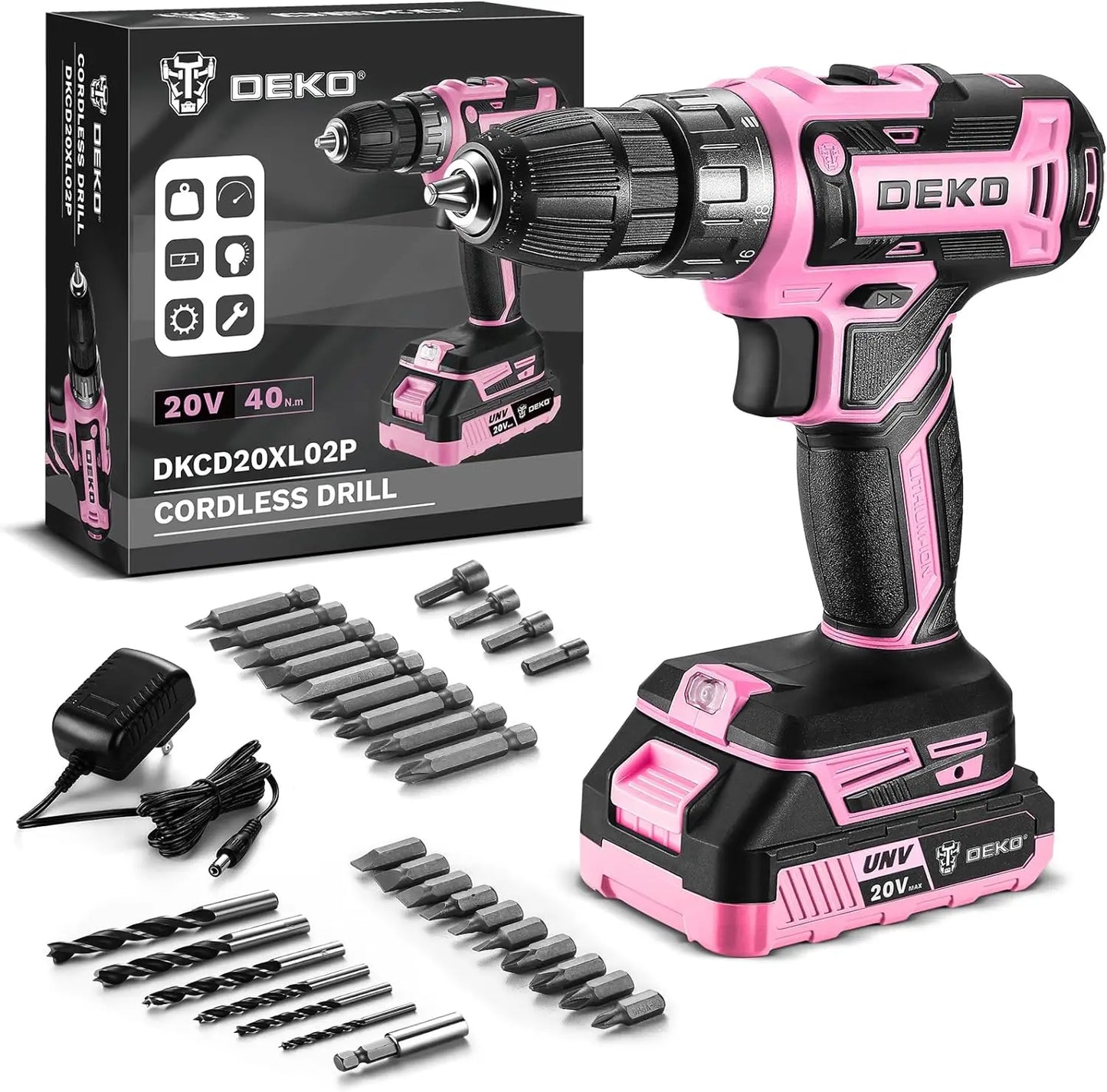 DEKO 20V Pink Cordless Power Drill Set for Women Electric Tool - World Bazaar Life