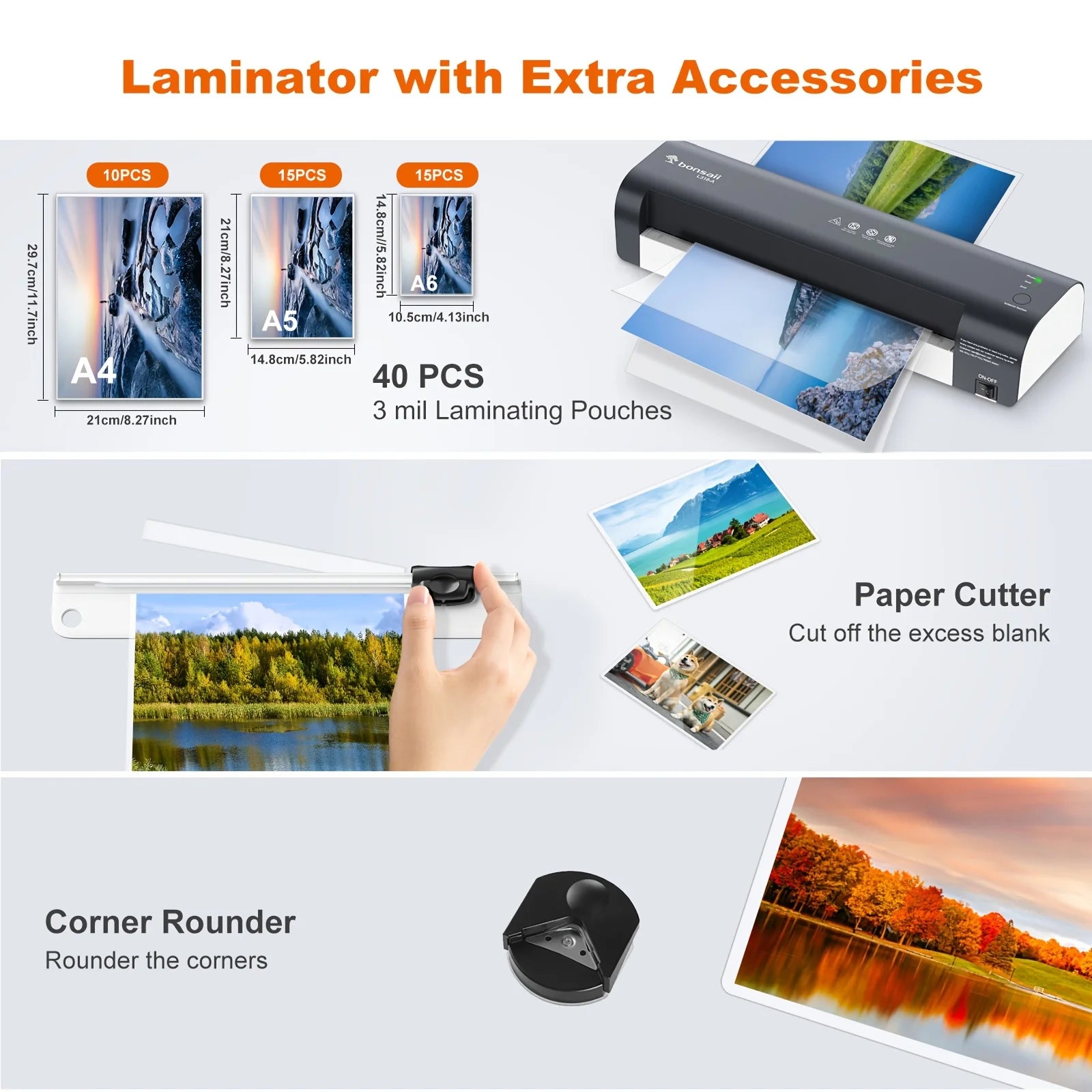 BONSAII 4-in-1 13" Laminator with Never Jam Tech and NTC Temperature Control, Included 40 Laminting Sheets, Triple Heat Settings - World Bazaar Life