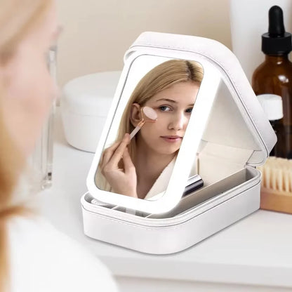 Rechargeable LED Makeup Mirror, Portable Travel Cosmetic Storage Box, Travel Makeup Case with 3-Color Adjustable Light Mirror.-World Bazaar Life
