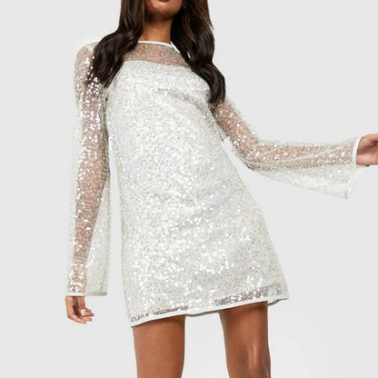 Women's Elegant White Sequins Mini Dress Fashion Crisscross Lace-up Backless Long Sleeve Evening Party Cocktail Dress 2024