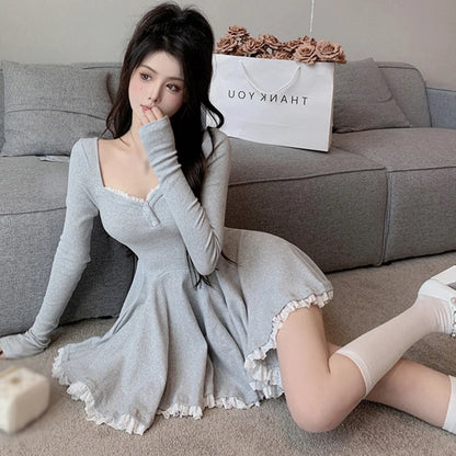 Women Sexy Korean Dress French Style Waist Closed Long Sleeve Collarbone Exposed Sweet-World Bazaar Life