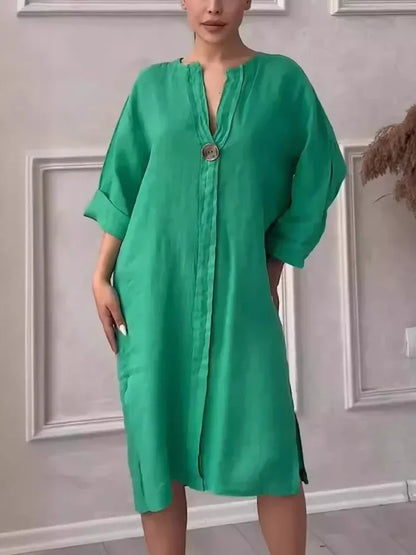 2024 Summer Elegant Cotton Hemp V-Neck Dress – Casual Mid-Length Style