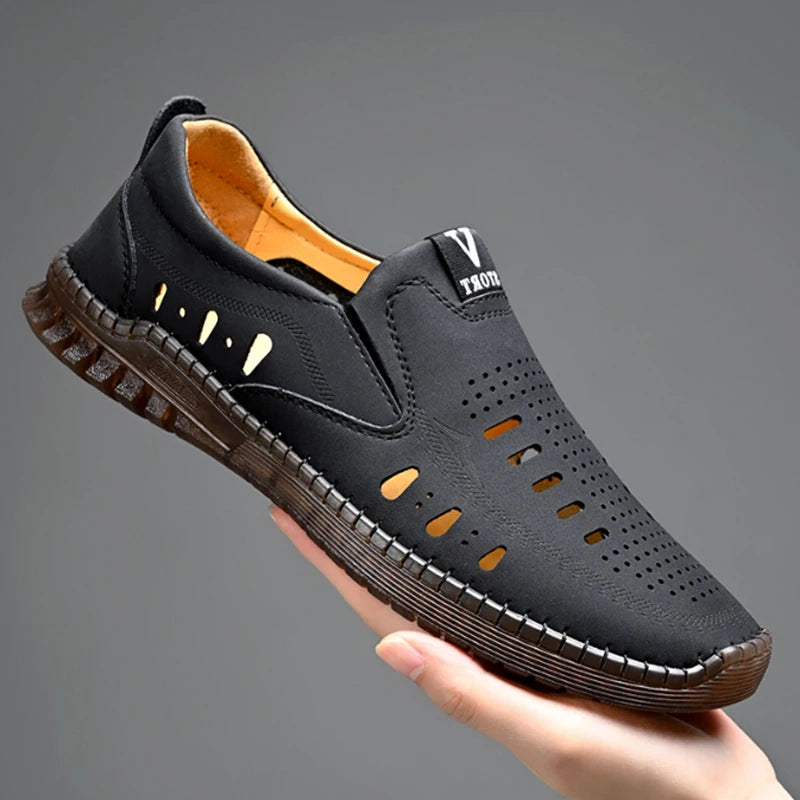 Leather Men's Shoes Thick Soles Breathable Hollow Out Casual Shoes Outdoor Men's Sports Shoes Loafers Shoes Slip On - World Bazaar Life