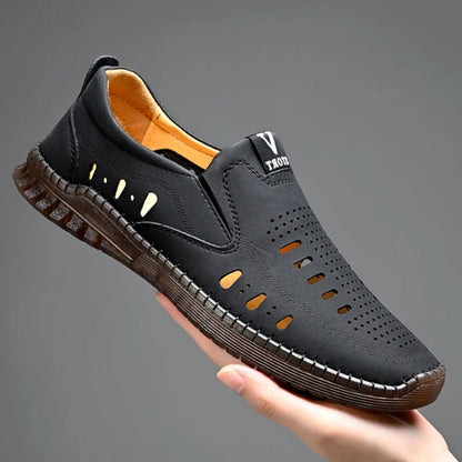 Leather Men's Shoes Thick Soles Breathable Hollow Out Casual Shoes Outdoor Men's Sports Shoes Loafers Shoes Slip On - World Bazaar Life