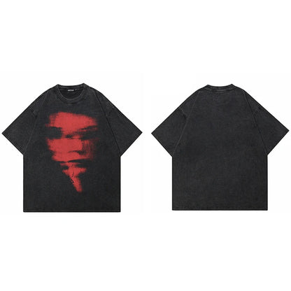 Hip Hop 2024 Summer Washed Black T-Shirt Streetwear Graphic Blurry Face T Shirt Cotton Unisex Men's Tshirt Tops Y2k Tees Hipster