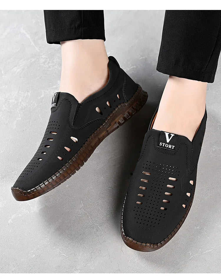 Leather Men's Shoes Thick Soles Breathable Hollow Out Casual Shoes Outdoor Men's Sports Shoes Loafers Shoes Slip On - World Bazaar Life