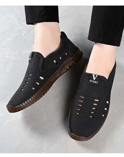 Leather Men's Shoes Thick Soles Breathable Hollow Out Casual Shoes Outdoor Men's Sports Shoes Loafers Shoes Slip On - World Bazaar Life