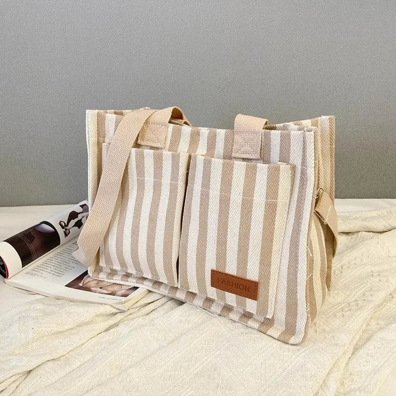 Hot Sale Of The Season New Commuter Large Capacity Trendy Striped Canvas Casual Fashionable Women's Tote Crossbody Bag Soft Nylo-World Bazaar Life