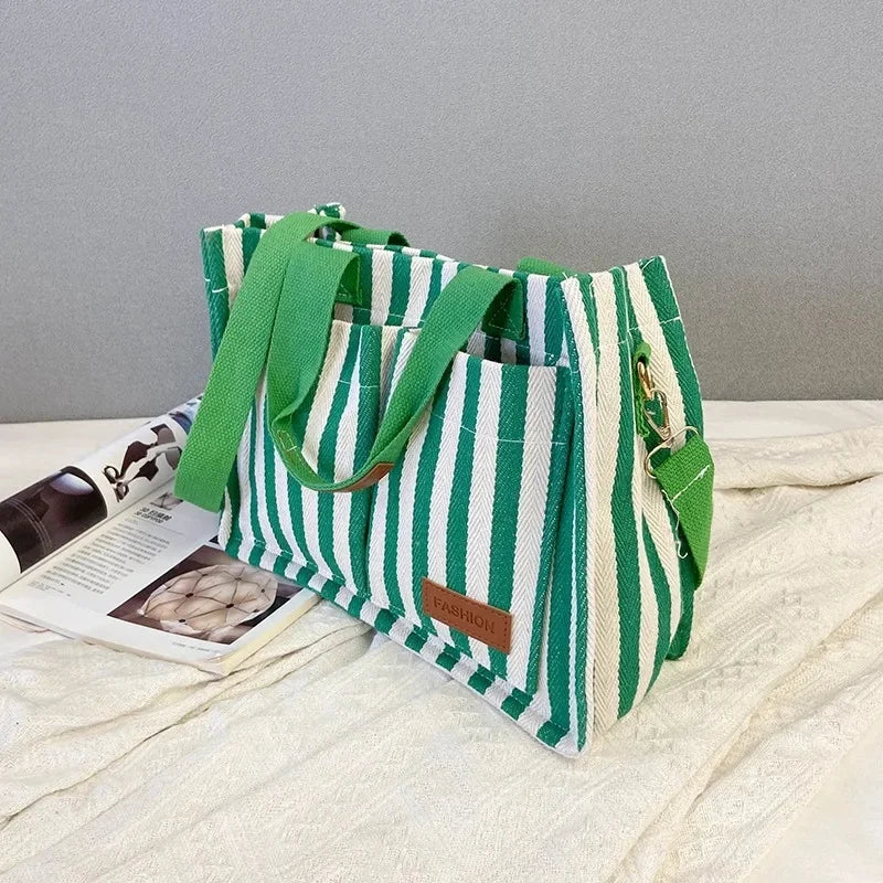 Hot Sale Of The Season New Commuter Large Capacity Trendy Striped Canvas Casual Fashionable Women's Tote Crossbody Bag Soft Nylo-World Bazaar Life