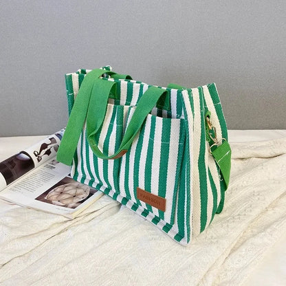 Hot Sale Of The Season New Commuter Large Capacity Trendy Striped Canvas Casual Fashionable Women's Tote Crossbody Bag Soft Nylo-World Bazaar Life