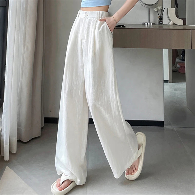 Cotton and Linen Women's Wide Leg Full Pants High Waist Summer Female Elegant Minimalism Straight Loose Trousers 2024 Autumn - World Bazaar Life