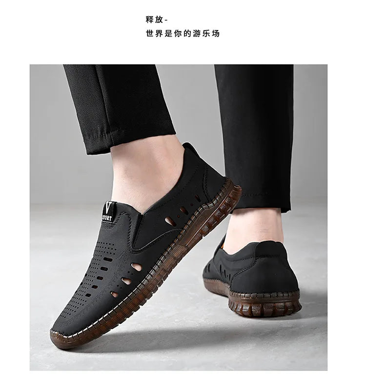 Leather Men's Shoes Thick Soles Breathable Hollow Out Casual Shoes Outdoor Men's Sports Shoes Loafers Shoes Slip On - World Bazaar Life