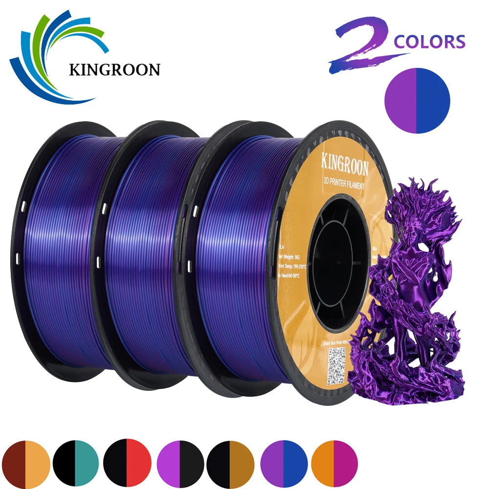 KINGROON Dual-color Silk PLA Filament 1.75mm 2 Color Coextrusion Glossy 3D Printer Filament PLA, 3kg/pack 1kg each spool - World Bazaar Life