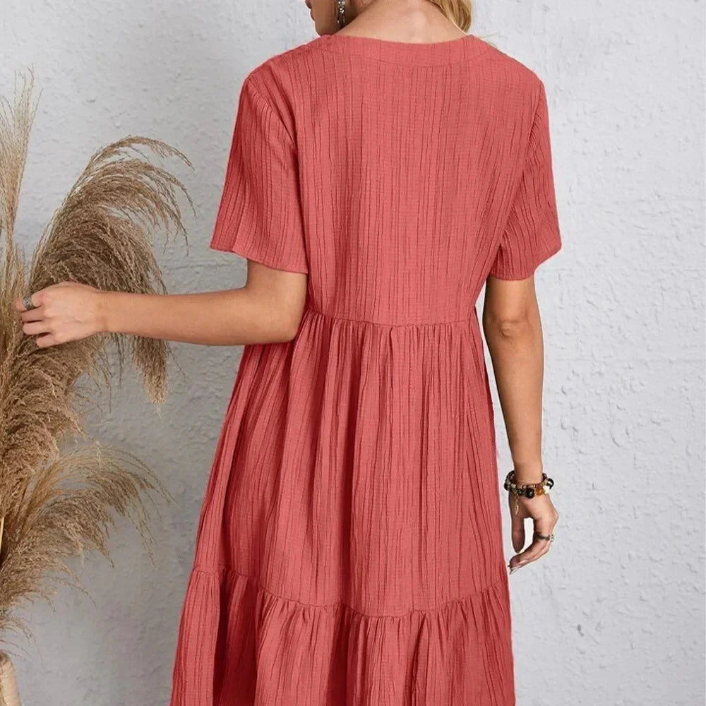 Women Summer Peplum Dresses Spring V-Neck Short Sleeve Loose Waist Ruffle Fit Flare Vocation Dresses-World Bazaar Life