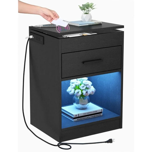 LED Nightstand with Charging Station & RFID Lock Cabinet