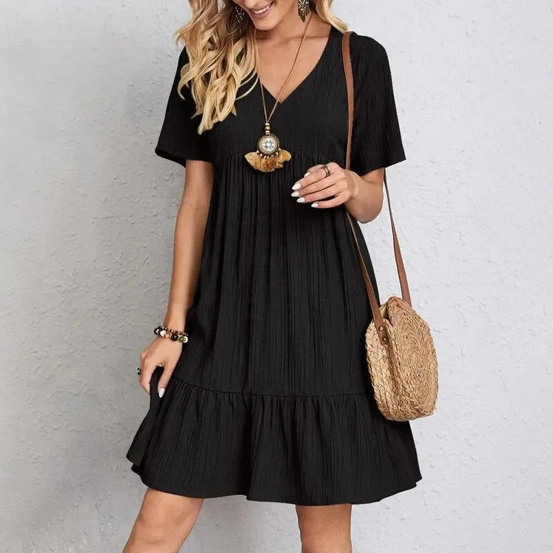 Women Summer Peplum Dresses Spring V-Neck Short Sleeve Loose Waist Ruffle Fit Flare Vocation Dresses-World Bazaar Life