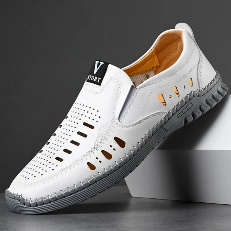 Leather Men's Shoes Thick Soles Breathable Hollow Out Casual Shoes Outdoor Men's Sports Shoes Loafers Shoes Slip On - World Bazaar Life