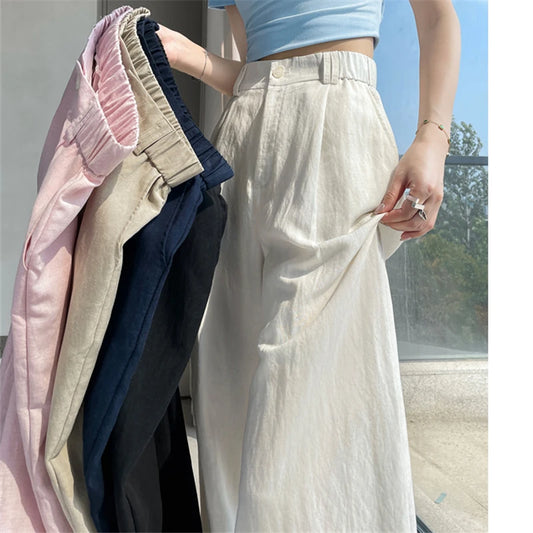 Cotton and Linen Women's Wide Leg Full Pants High Waist Summer Female Elegant Minimalism Straight Loose Trousers 2024 Autumn - World Bazaar Life