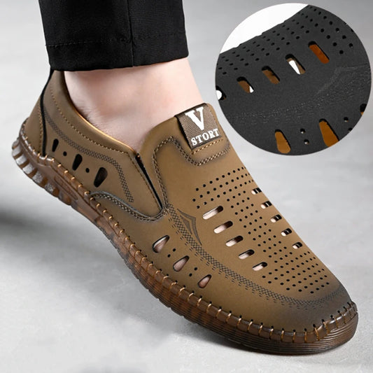 Leather Men's Shoes Thick Soles Breathable Hollow Out Casual Shoes Outdoor Men's Sports Shoes Loafers Shoes Slip On - World Bazaar Life