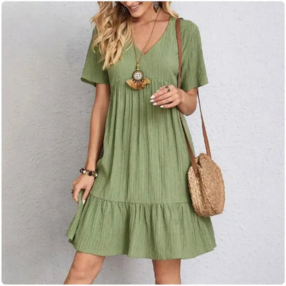 Women Summer Peplum Dresses Spring V-Neck Short Sleeve Loose Waist Ruffle Fit Flare Vocation Dresses-World Bazaar Life