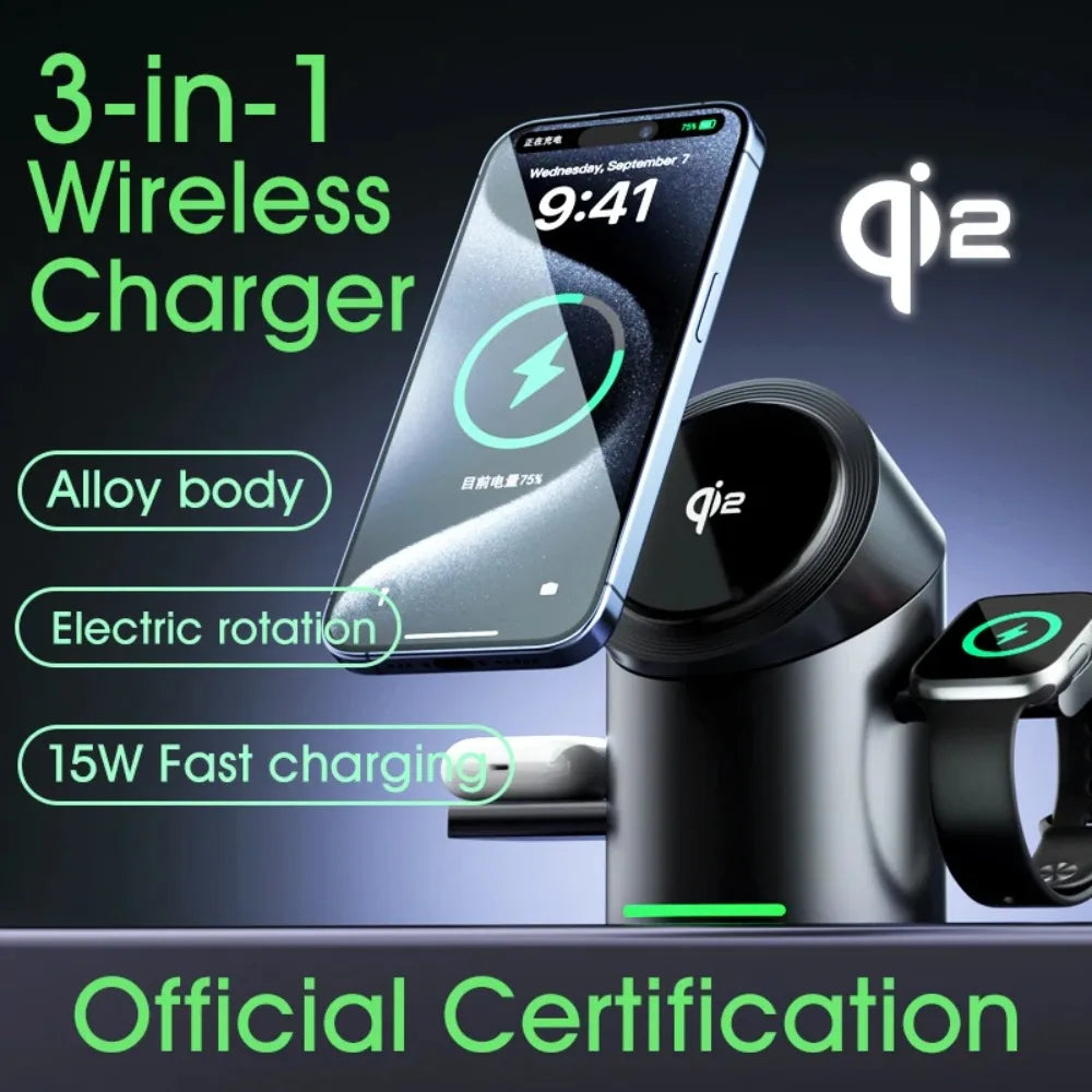 Qi2 3 in 1 15W Wireless Charger Touch Magnetic Roating Fast Charging Base for Iphone 14 16 15 Pro Max Desk Accessories Gifts