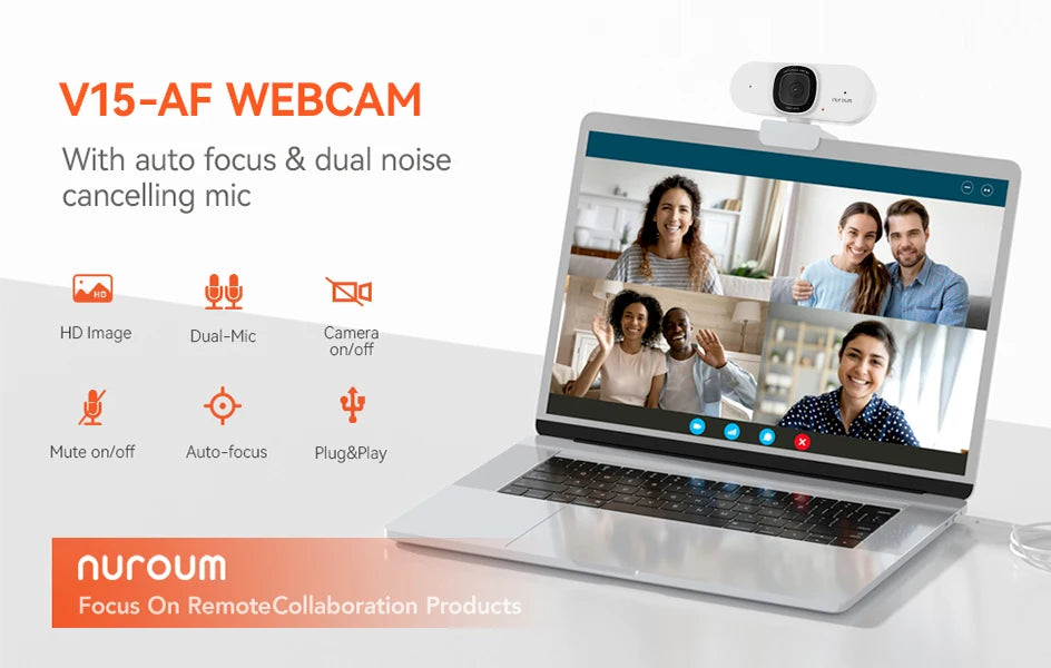 NUROUM V15-AF 2K HD Webcam - 75° Wide Angle, Built-in Microphone, Perfect for Video Conferencing on Laptop & PC