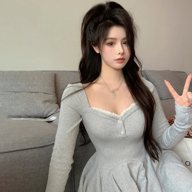 Women Sexy Korean Dress French Style Waist Closed Long Sleeve Collarbone Exposed Sweet-World Bazaar Life