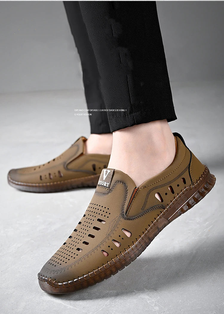 Leather Men's Shoes Thick Soles Breathable Hollow Out Casual Shoes Outdoor Men's Sports Shoes Loafers Shoes Slip On - World Bazaar Life