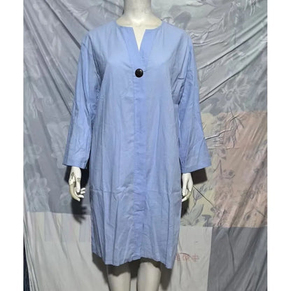 Loose V-neck Two Side Slit Pullover Dress 2024 Women's New Cotton And Linen Solid Color Casual Long-Sleeved Button Maxi Dress