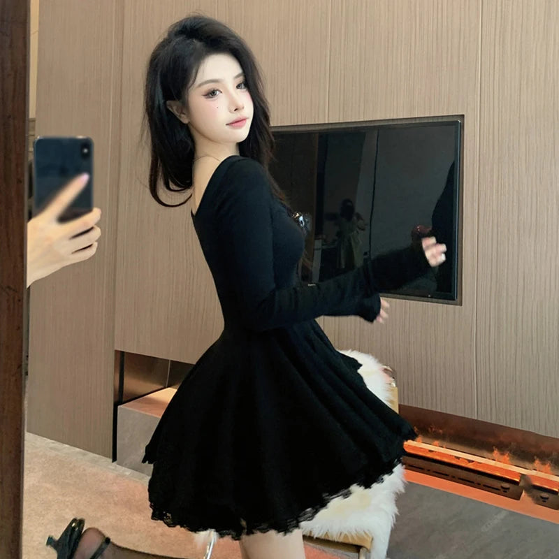 Women Sexy Korean Dress French Style Waist Closed Long Sleeve Collarbone Exposed Sweet-World Bazaar Life
