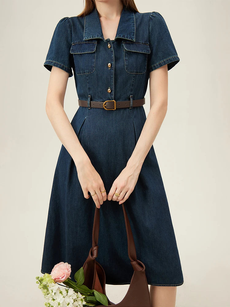 FSLE French Temperament Elegant Retro Denim Dress For Women 2024 Summer New Design High Waist Versatile Long Dress  24FS12236-World Bazaar Life