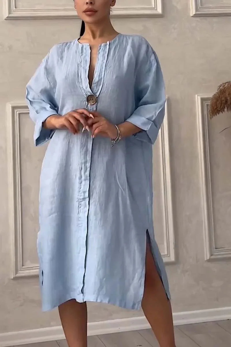 2024 Summer Elegant Cotton Hemp V-Neck Dress – Casual Mid-Length Style
