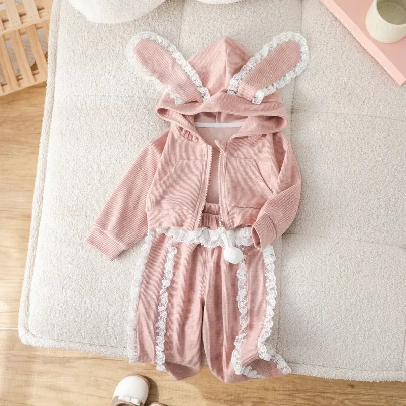 Girls Kids Clothing Suits Autumn New Girl Baby Sportswear Long Ears Lace Overcoats Pants Outfits Fashion Cute Children Coat Sets-World Bazaar Life