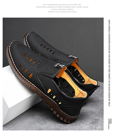 Leather Men's Shoes Thick Soles Breathable Hollow Out Casual Shoes Outdoor Men's Sports Shoes Loafers Shoes Slip On - World Bazaar Life