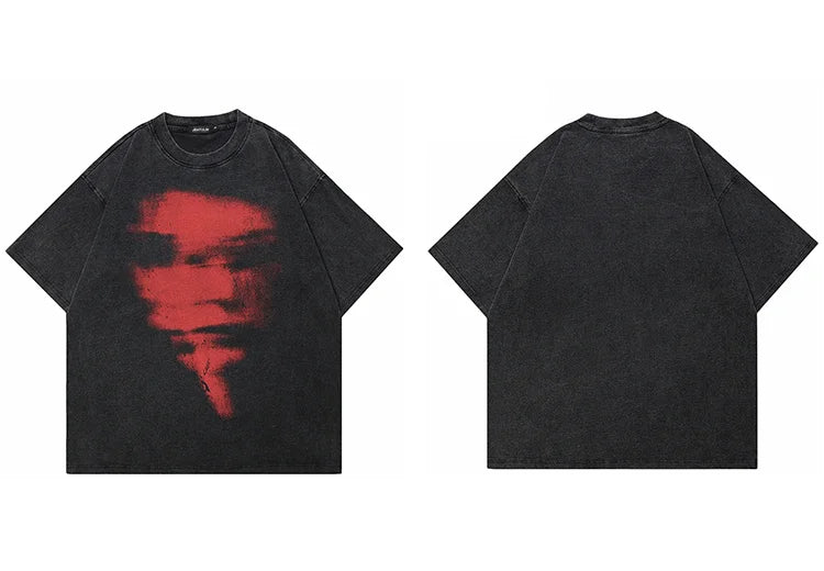 Hip Hop 2024 Summer Washed Black T-Shirt Streetwear Graphic Blurry Face T Shirt Cotton Unisex Men's Tshirt Tops Y2k Tees Hipster