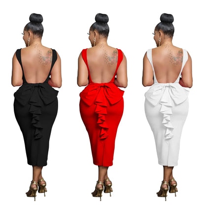 Kadınlar için Şık V Yaka Sırtı Açık Midi Elbise 2025 Bahar Kolsuz Fiyonk Seksi Parti Doğum Günü Dar Elbiseler Vestidos
